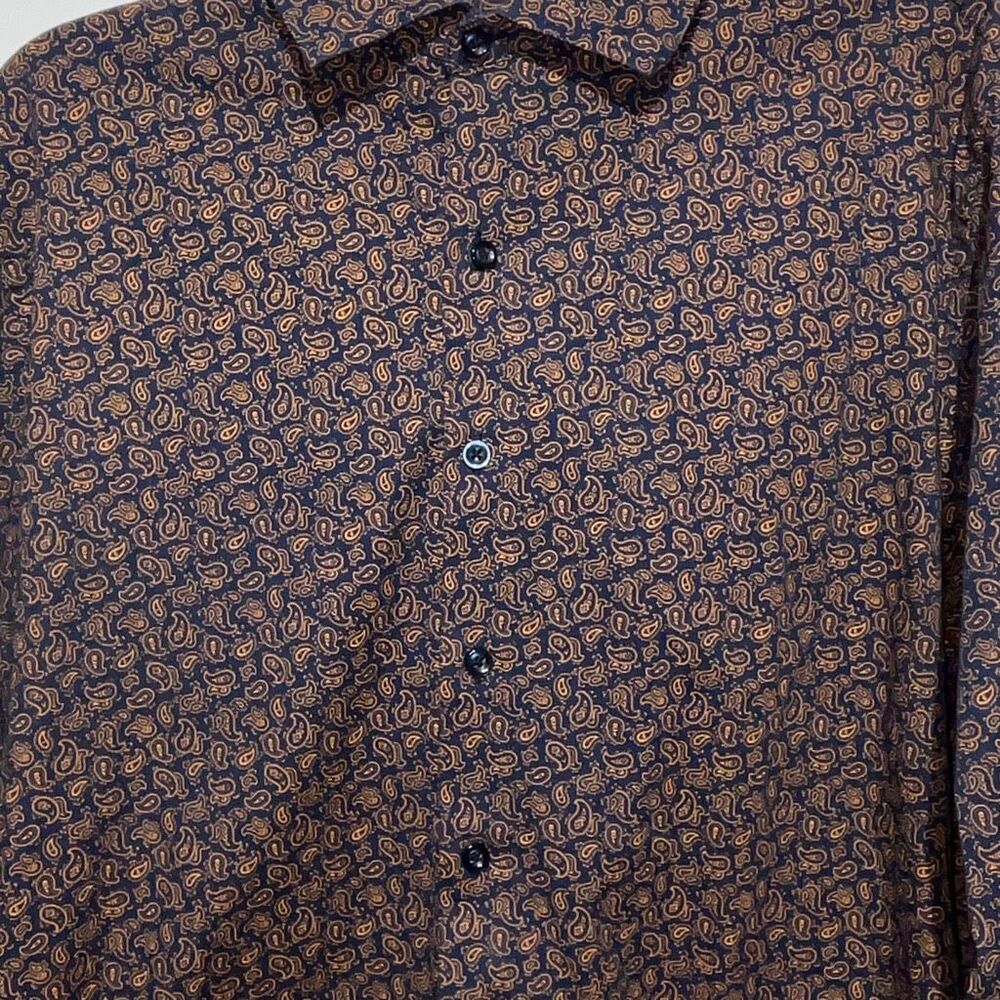 Consequence Mens Yellow Navy Paisley Collared Long Sleeve Button Up Shirt Medium - Picture 3 of 9